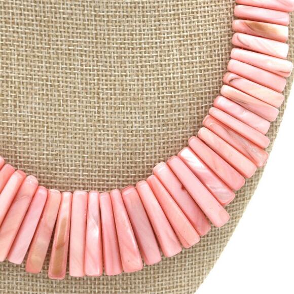 Boho Beach Pink Shell Bib Necklace Mother Of Pearl Slab Resort 18in Statement - Picture 2 of 5